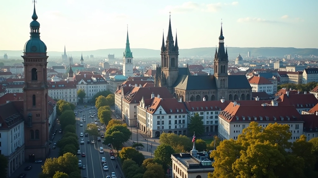 Luftaufnahme einer deutschen Stadt mit bekannten Sehenswürdigkeiten und Touristen