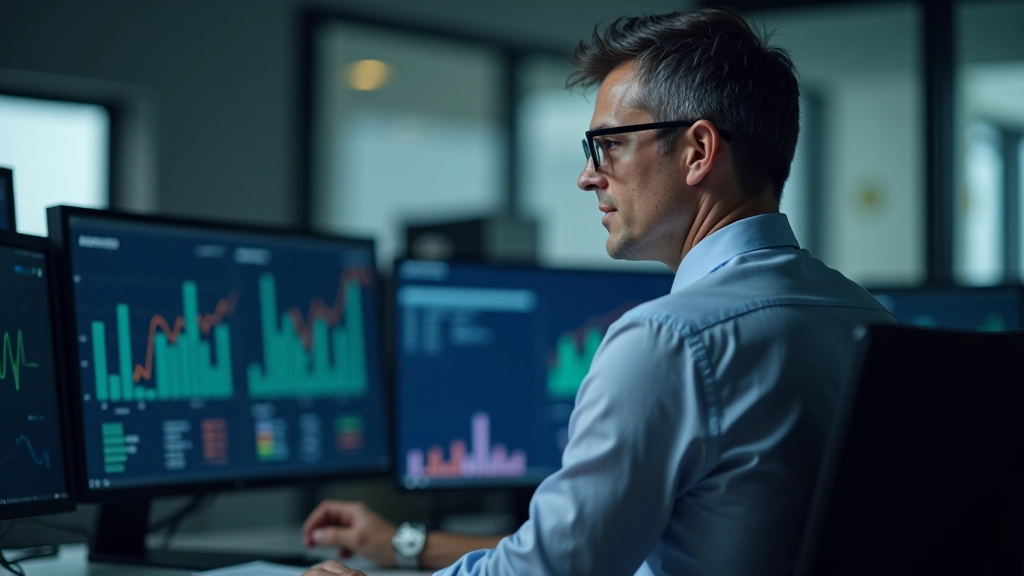 Finanzanalyst bei der Arbeit am Computer mit Finanzdiagrammen und Marktdaten auf mehreren Bildschirmen
