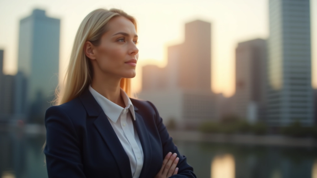 Geschäftsfrau schaut auf moderne Skyline mit Hochhäusern, repräsentiert wirtschaftliche Zukunft und Wachstum