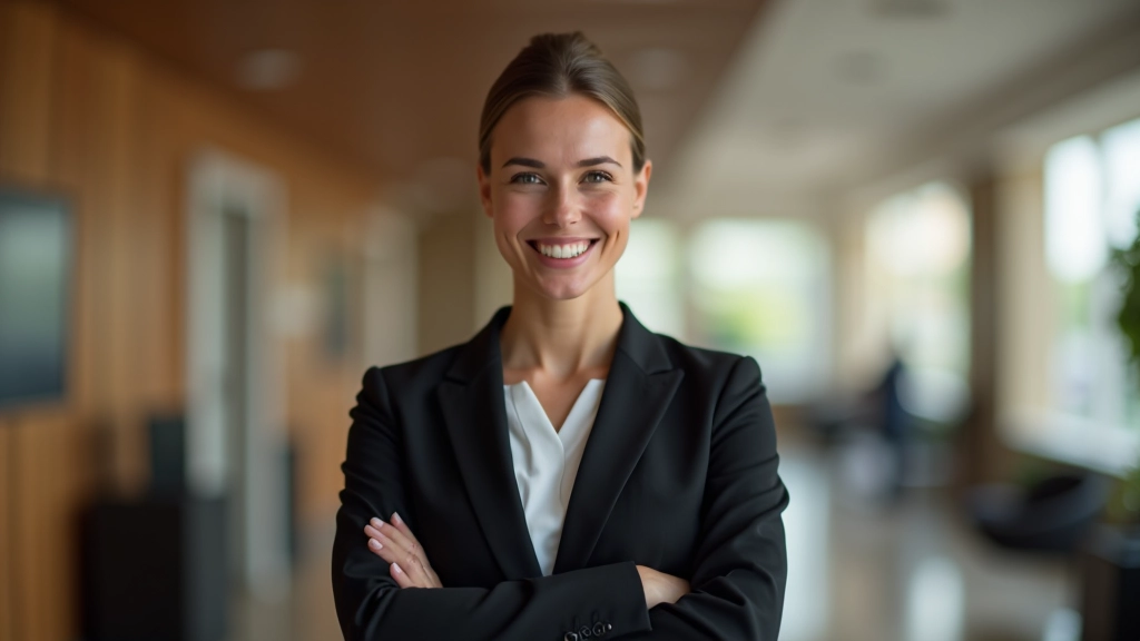 Modernes Hotellobby mit Gastgeberin an der Rezeption, freundliches Lächeln