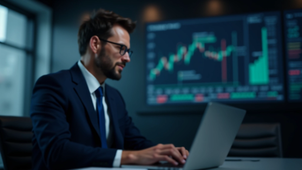 Finanzanalyst mit Laptop und mehreren Monitoren, die Börsendaten und Finanzdiagramme anzeigen, modernes Finanzhandelsbüro