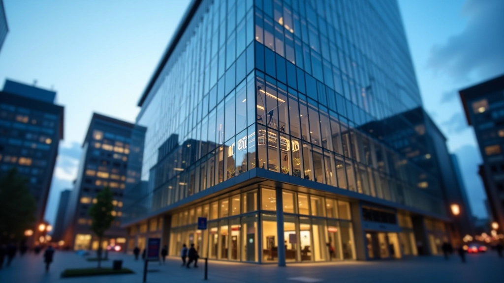 Modernes Bankgebäude mit Glas und Stahl, moderne Architektur, Finanzdistrikt am Abend