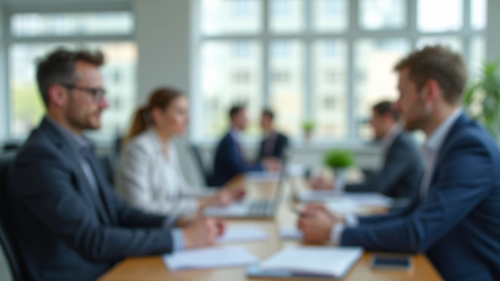 Professionelle Arbeitsumgebung mit modernem Bürodesign, Mitarbeitern an Schreibtischen und Zusammenarbeit in einem hellen Konferenzraum