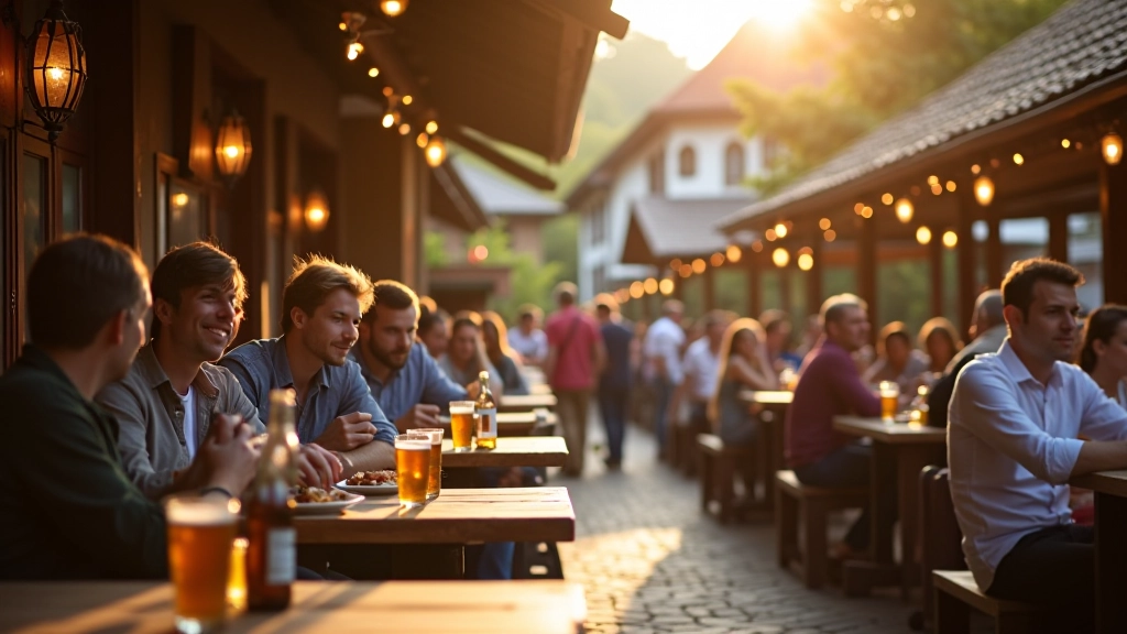 Malerische deutsche Landschaft mit Touristen in einem Biergarten