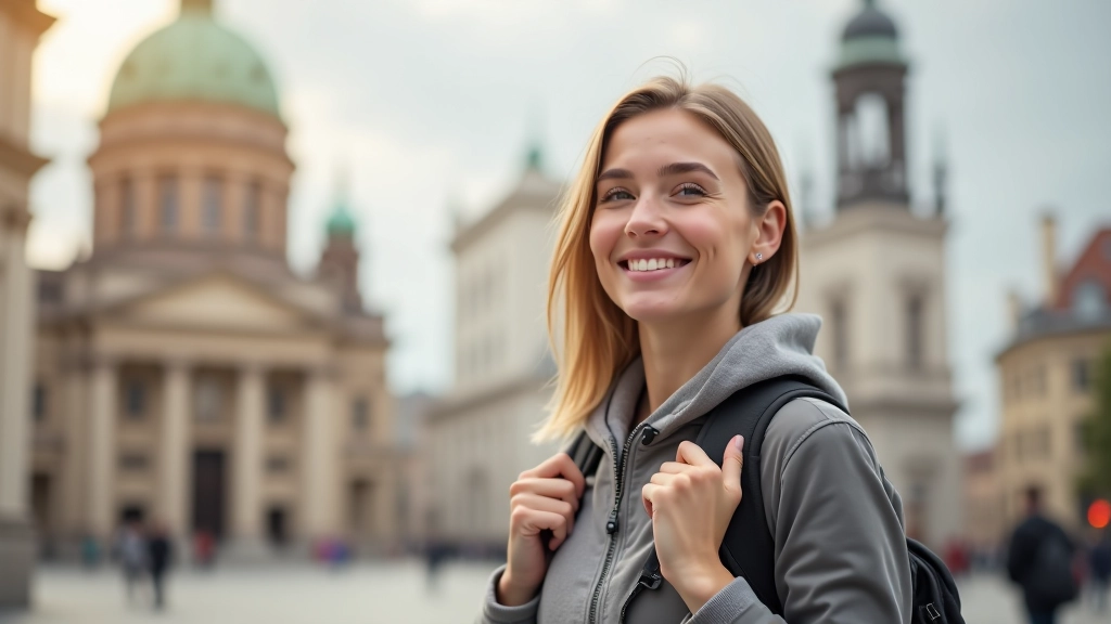 Touristin mit Rucksack steht vor historischem europäischem Wahrzeichen und betrachtet die Architektur, sonniges Wetter
