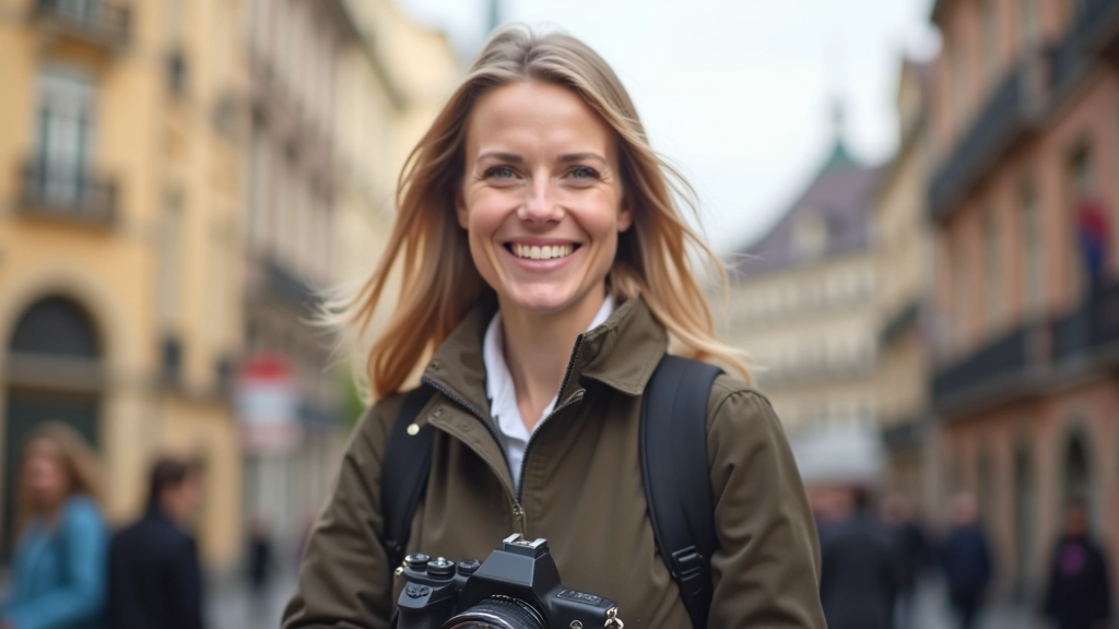 Tourist mit Kamera vor einem historischen deutschen Denkmal